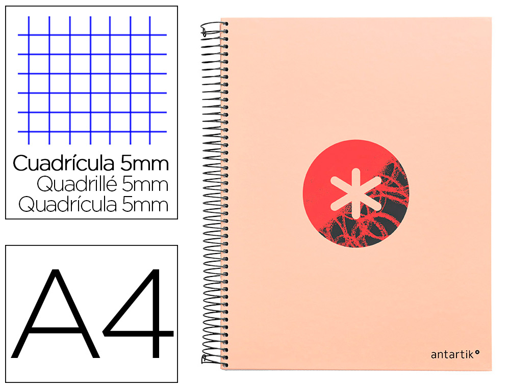 CUADERNO ESPIRAL LIDERPAPEL A4 MICRO ANTARTIK TAPA FORRADA120H 100 GR CUADRO 5 BANDA 4 TALADROS TRENDING CORAL
