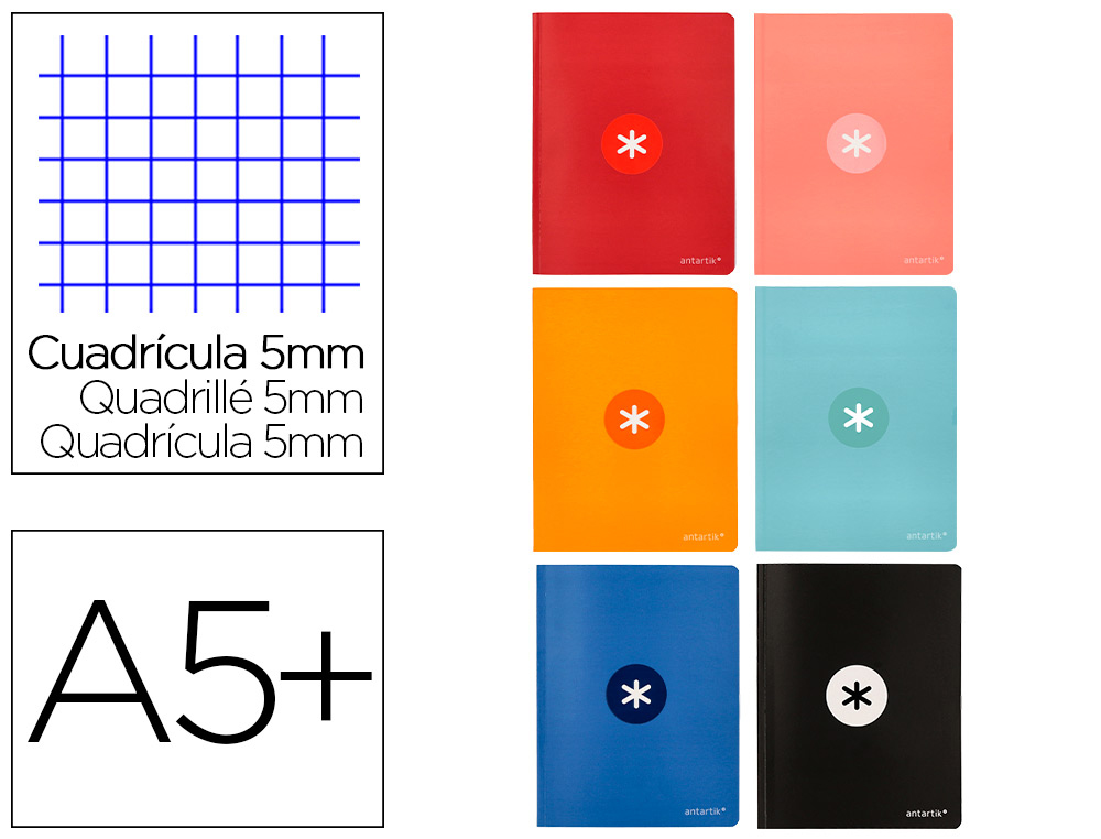 LIBRETA LIDERPAPEL ANTARTIK A5+ PLUS COSIDA 48 HOJAS 90G/M2 CUADRO 5MM CON MARGEN 6 COLORES SURTIDOS