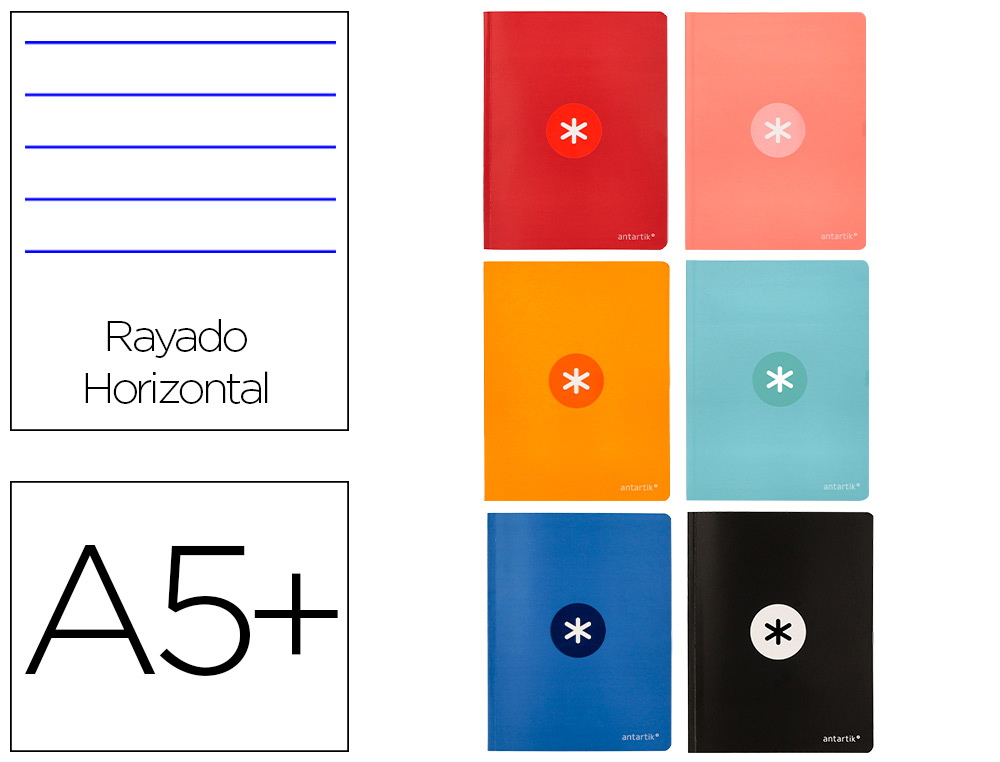 LIBRETA LIDERPAPEL ANTARTIK A5+ PLUS COSIDA 48 HOJAS 90G/M2 RAYADO HORIZONTAL CON MARGEN 6 COLORES SURTIDOS