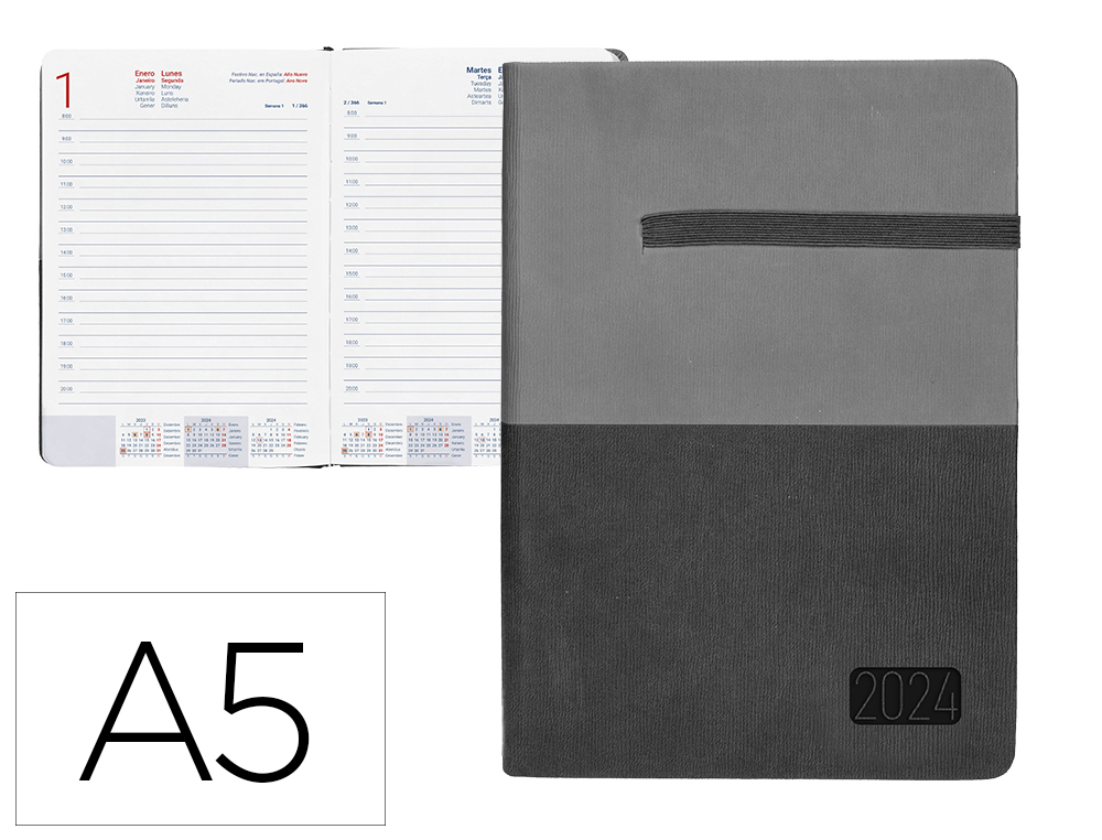 AGENDA ENCUADERNADA LIDERPAPEL LEONTIO A5 2024 DIA PAGINA COLOR GRIS PAPEL 70 GR