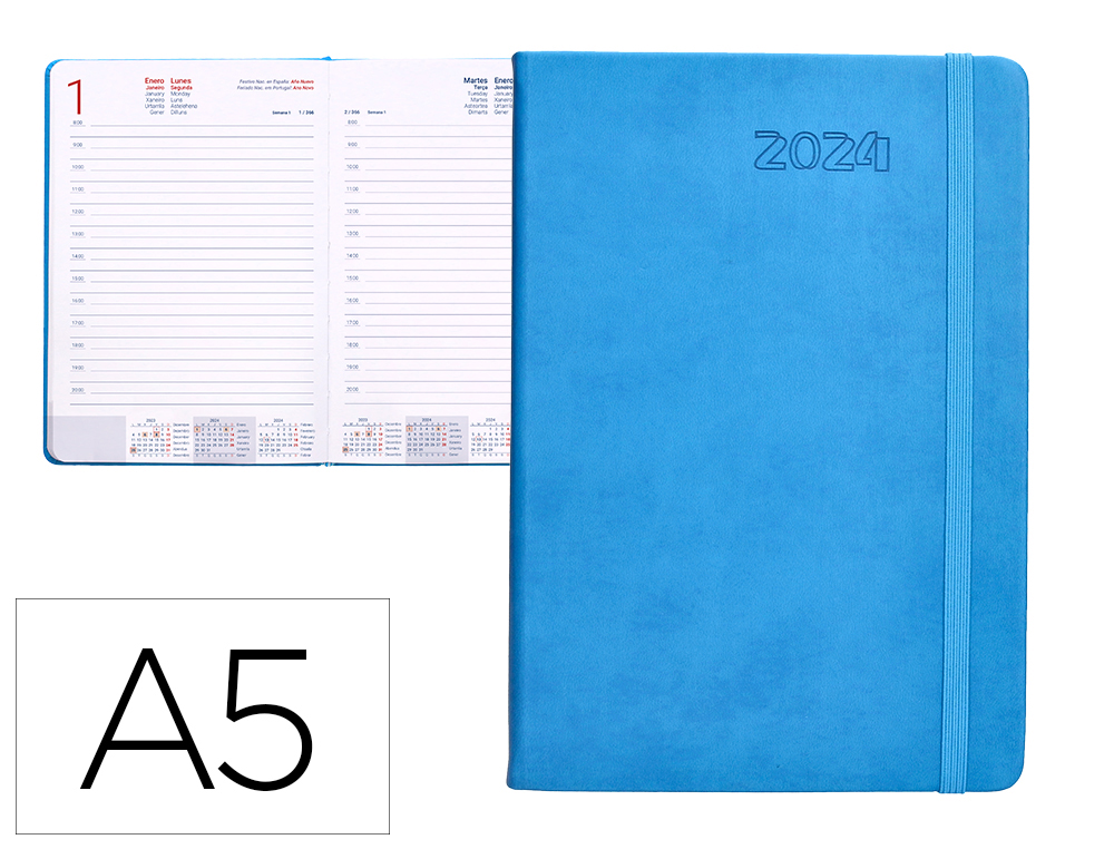 AGENDA ENCUADERNADA LIDERPAPEL ESPARTA 15X21 CM 2024 DIA PAGINA CON GOMILLA COLOR AZUL PAPEL 70 GR