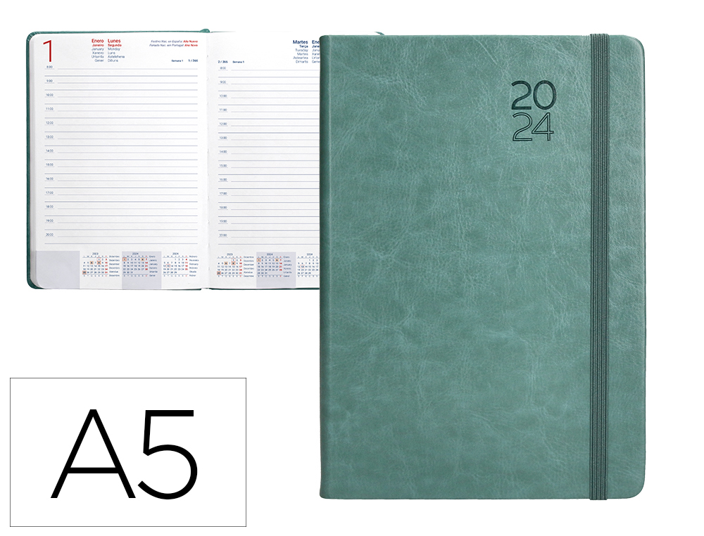 AGENDA ENCUADERNADA LIDERPAPEL MYKONOS 15X21 CM 2024 DIA PAGINA COLOR VERDE MATCHA PAPEL 70 GR