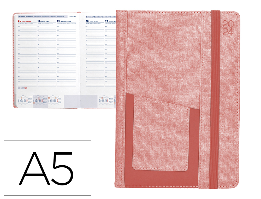 AGENDA ENCUADERNADA LIDERPAPEL SARIA A5 2024 SEMANA VISTA COLOR ROSA PAPEL 70 GR