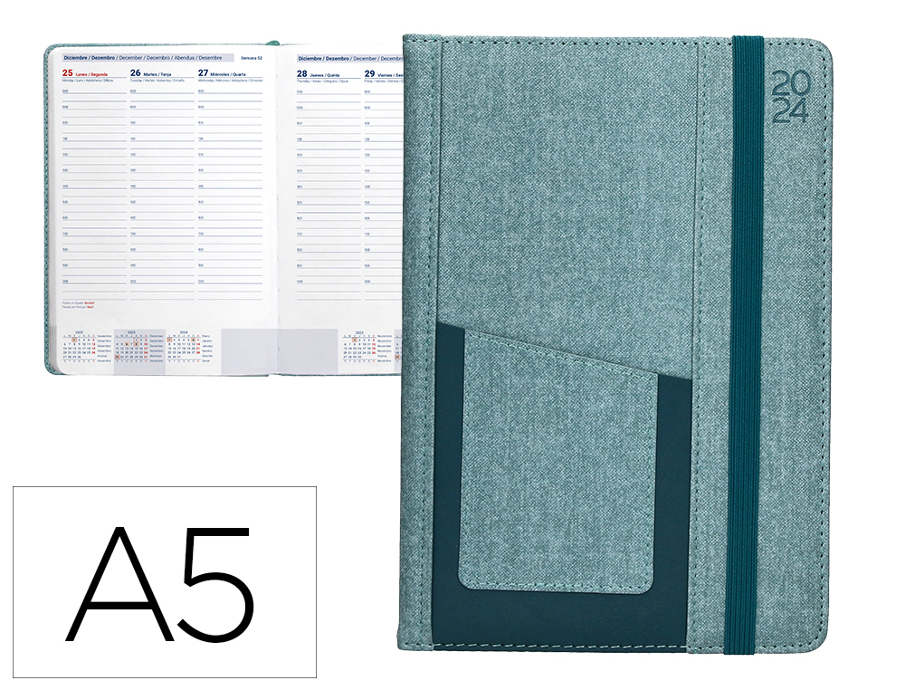 AGENDA ENCUADERNADA LIDERPAPEL SARIA A5 2024 SEMANA VISTA COLOR VERDE PAPEL 70 GR