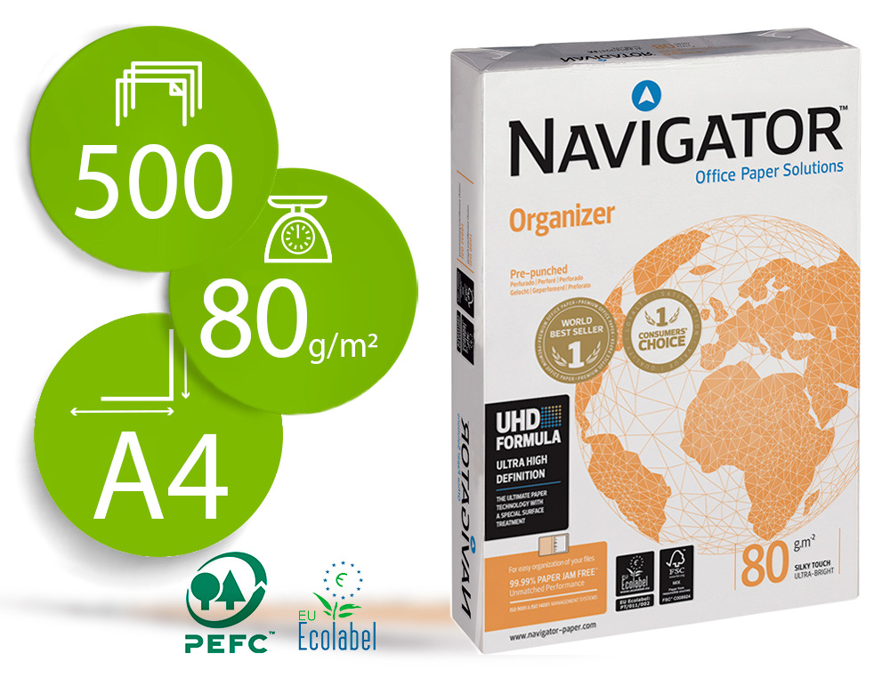 PAPEL FOTOCOPIADORA NAVIGATOR DIN A4 80 GRAMOS -4 TALADROS PAPEL MULTIUSO INK-JET Y LASERPAQUETE DE 500 HOJAS