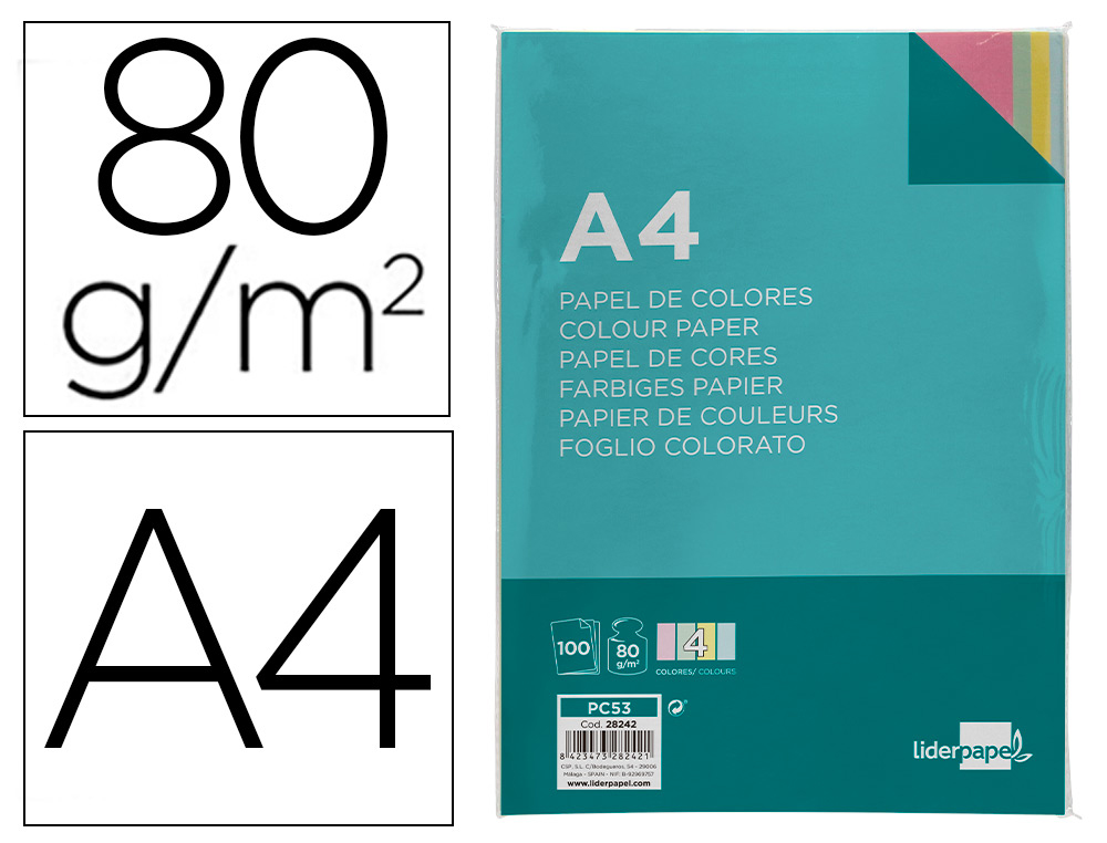 PAPEL COLOR LIDERPAPEL A4 80G/M2 4 COLORES SURTIDOS PAQUETE DE 100 HOJAS