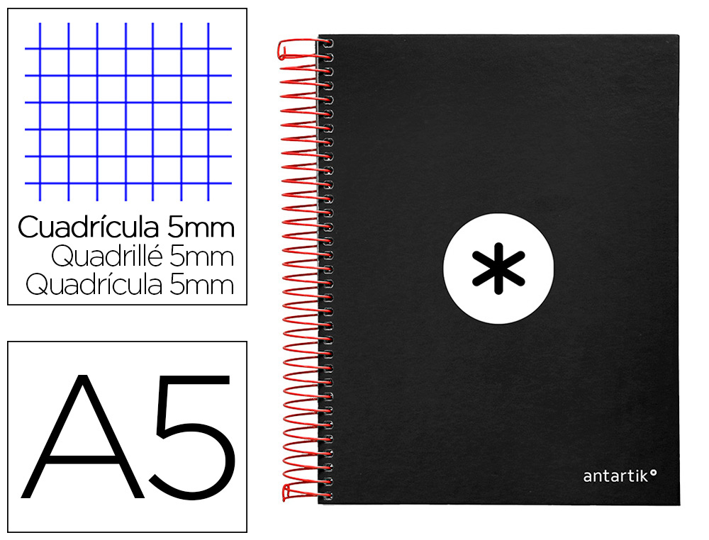 CUADERNO ESPIRAL LIDERPAPEL A5 MICRO ANTARTIK TAPA FORRADA120H 90 GR CUADRO 5MM 5 BANDAS6 TALADROS COLOR NEGRO