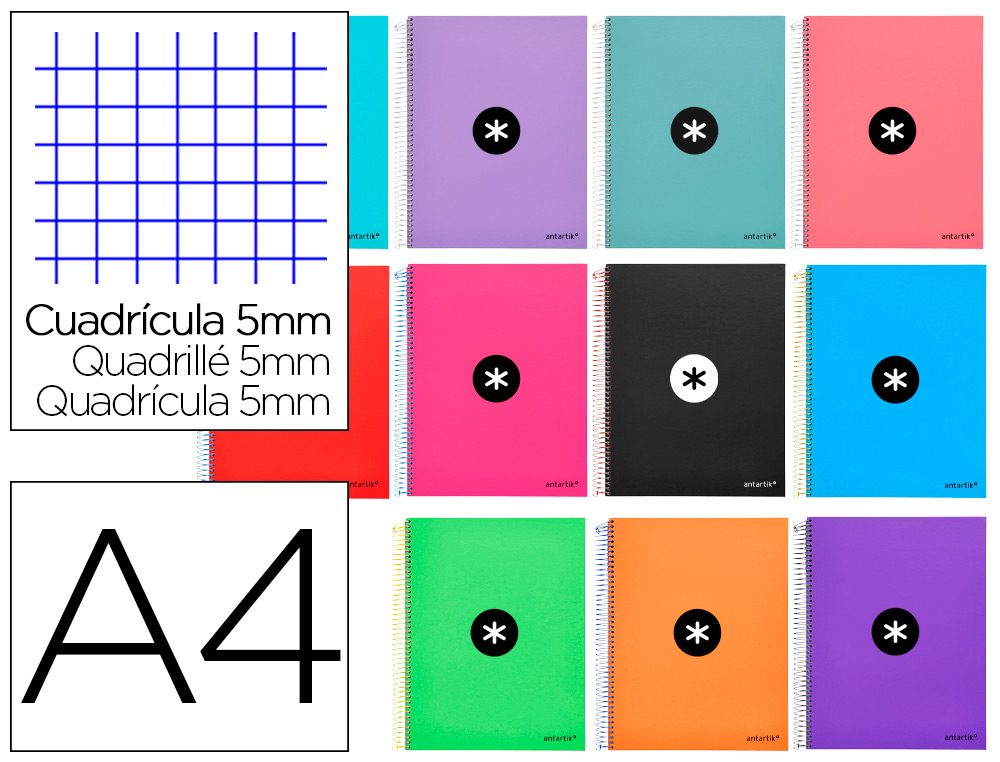 CUADERNO ESPIRAL LIDERPAPEL A4 MICRO ANTARTIK TAPA FORRADA120H 100 GR CUADRO 5MM 5 BANDAS 4 TALADROS COLORES SURTIDOS S