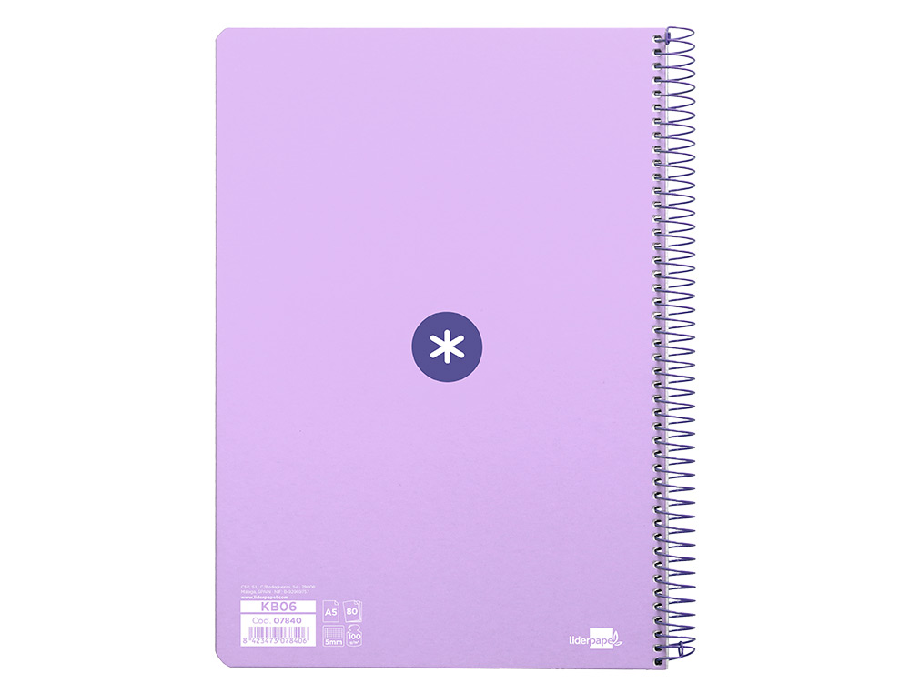 CUADERNO ESPIRAL LIDERPAPEL A5 ANTARTIK TAPA DURA 80H 100 GR CUADRO 5MM COLOR LAVANDA