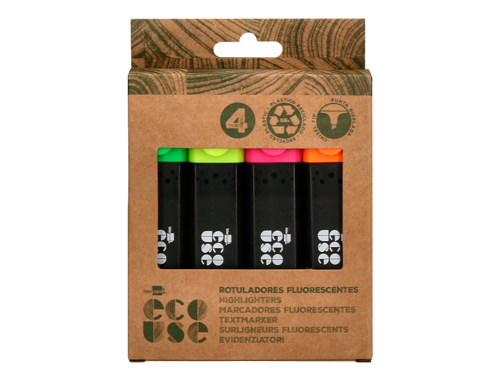 ROTULADOR LIDERPAPEL ECOUSE FLUORESCENTE FABRICADO CON 68% PLASTICO RECICLADO CAJA DE 4 UNIDADES COLORES SURTIDOS