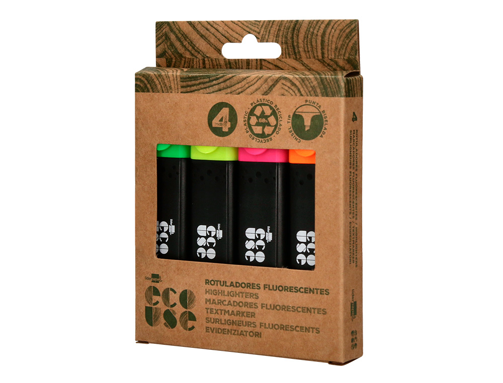 ROTULADOR LIDERPAPEL ECOUSE FLUORESCENTE FABRICADO CON 68% PLASTICO RECICLADO CAJA DE 4 UNIDADES COLORES SURTIDOS
