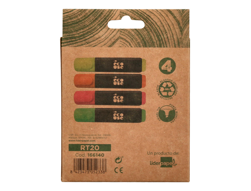ROTULADOR LIDERPAPEL ECOUSE FLUORESCENTE FABRICADO CON 68% PLASTICO RECICLADO CAJA DE 4 UNIDADES COLORES SURTIDOS