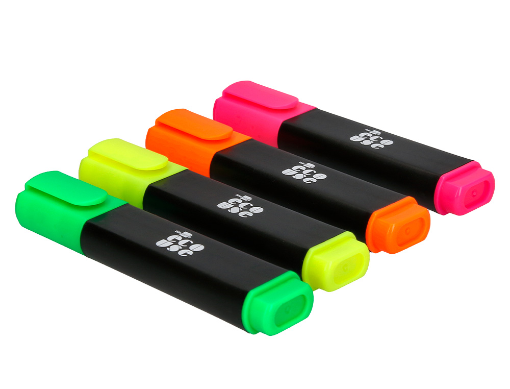 ROTULADOR LIDERPAPEL ECOUSE FLUORESCENTE FABRICADO CON 68% PLASTICO RECICLADO CAJA DE 4 UNIDADES COLORES SURTIDOS