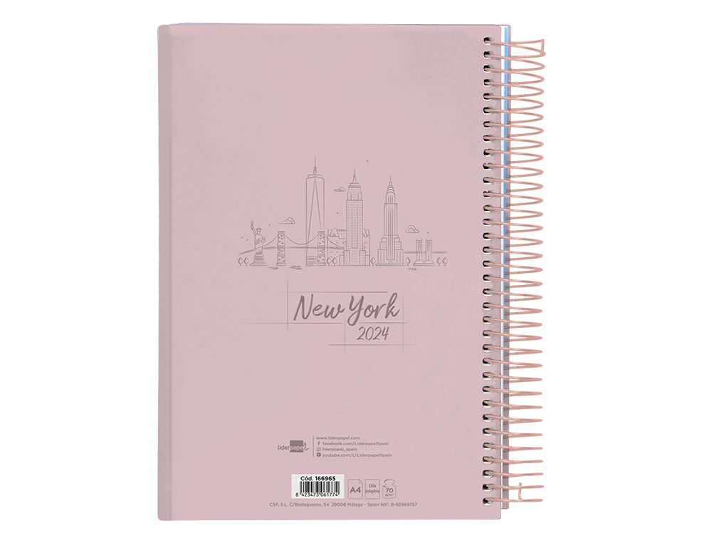 AGENDA ESPIRAL LIDERPAPEL GAZI A4 2024 DIA PAGINA PORTADA POLIPROPILENO PAPEL 70 GR NEW YORK
