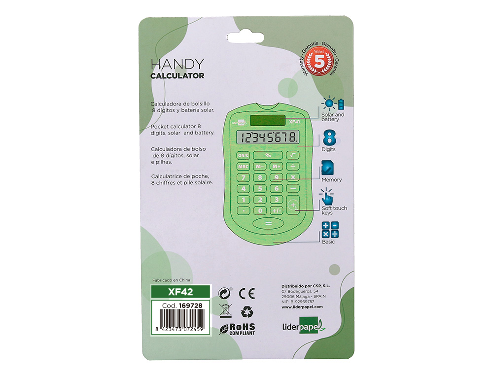 CALCULADORA LIDERPAPEL BOLSILLO XF42 8 DIGITOS SOLAR Y PILAS COLOR VERDE 94X59,5X10,5MM