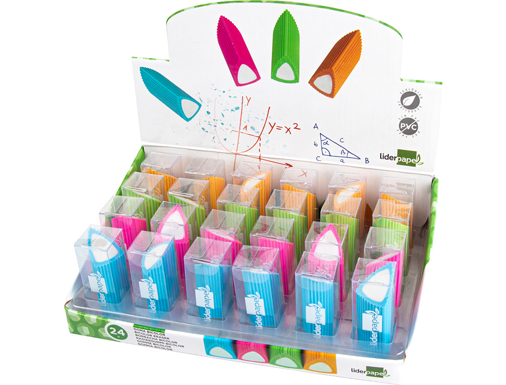 GOMA DE BORRAR LIDERPAPEL BICOLOR TRIANGULAR COLORES SURTIDOS