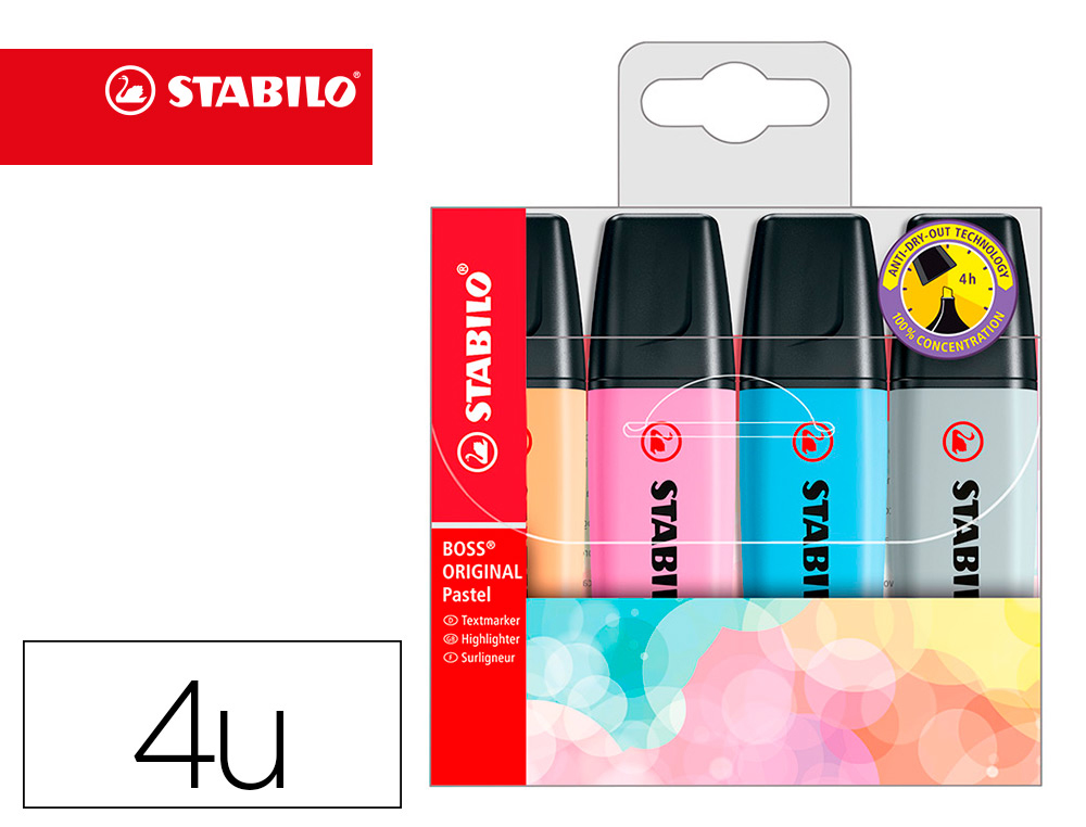 ROTULADOR STABILO BOSS FLUORESCENTE 70 PASTEL ESTUCHE DE 4 UNIDADES COLORES SURTIDOS