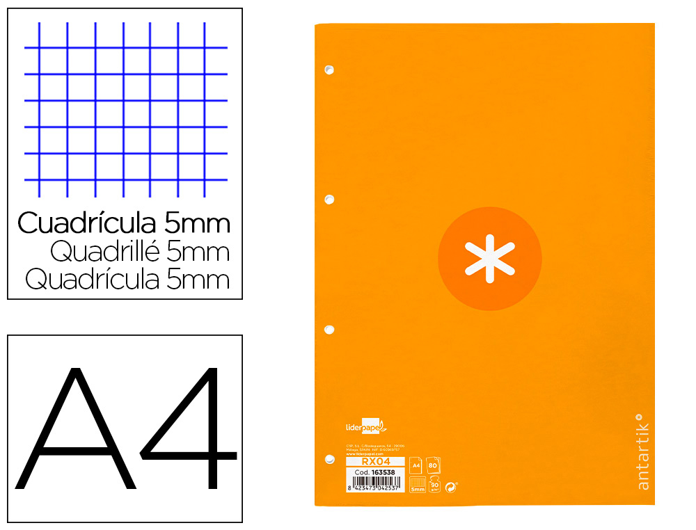 RECAMBIO A4 ANTARTIK 80 HOJAS 90G/M2 CUADRO 5 MM 4 TALADROS 1 BANDA MARCO COLOR MOSTAZA
