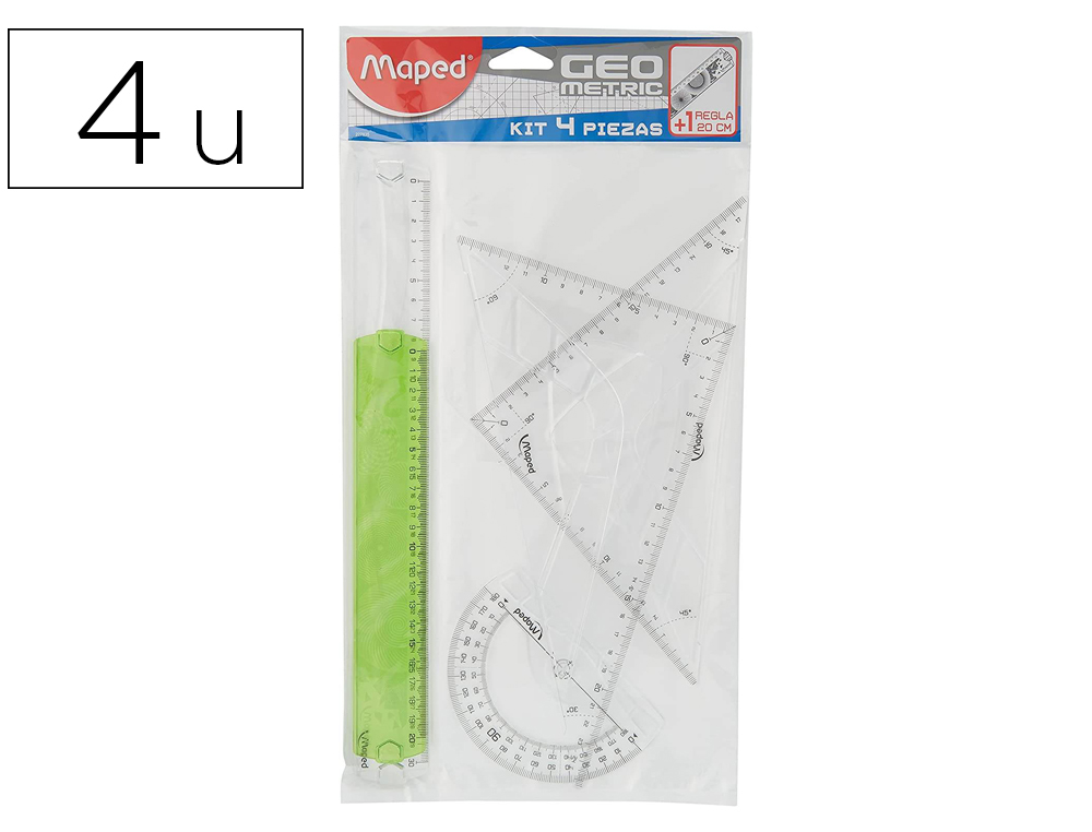 JUEGO ESCUADRA Y CARTABON MAPED REGLA 30 CM Y SEMICIRCULO PLASTICO EN PETACA IRROMPIBLE
