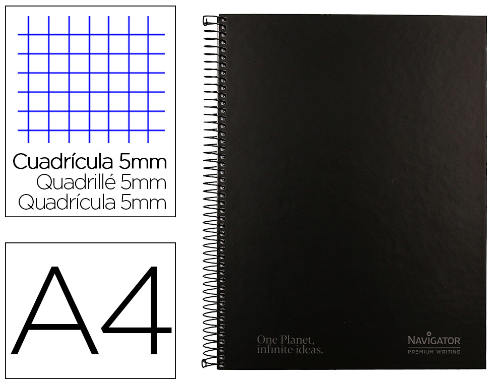 CUADERNO ESPIRAL NAVIGATOR A4 MICRO TAPA FORRADA 120H 80GR CUADRO 5MM 5 BANDAS 4 TALADROSNEGRO