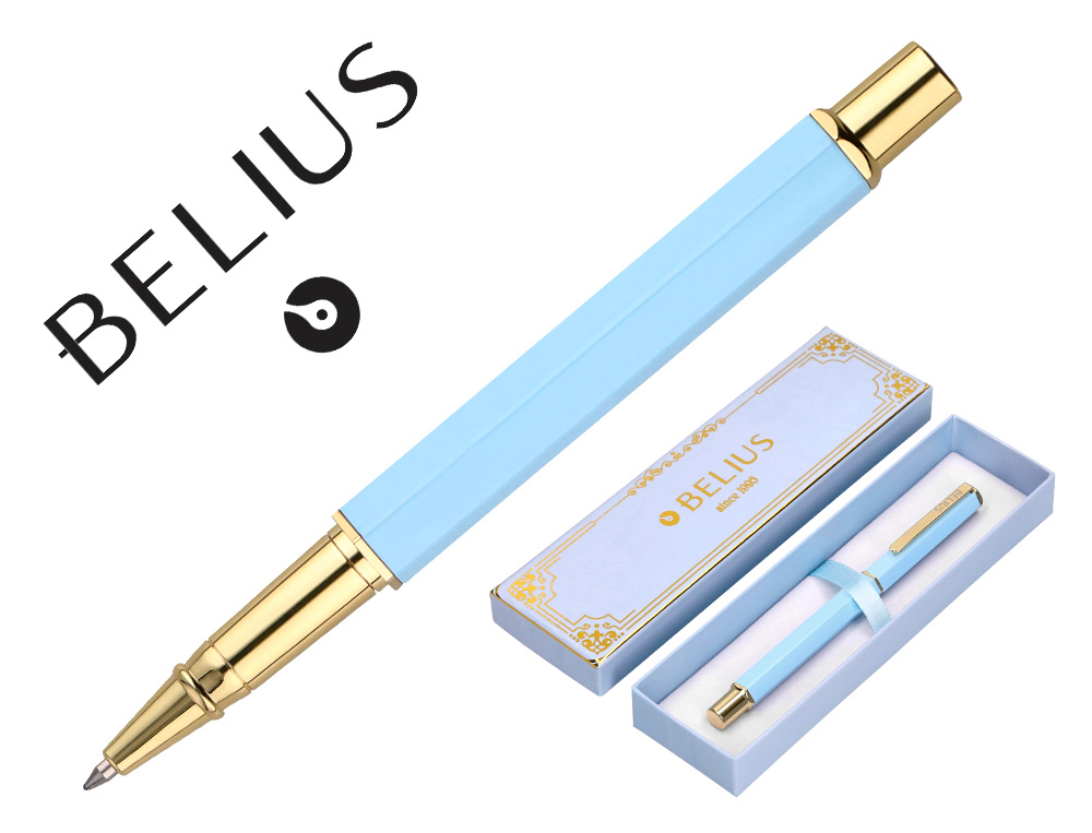 BOLIGRAFO BELIUS MACARON BLISS FORMAO HEXAGONAL COLOR CELESTE Y DORADO TINTA AZUL CAJA DE DISEO