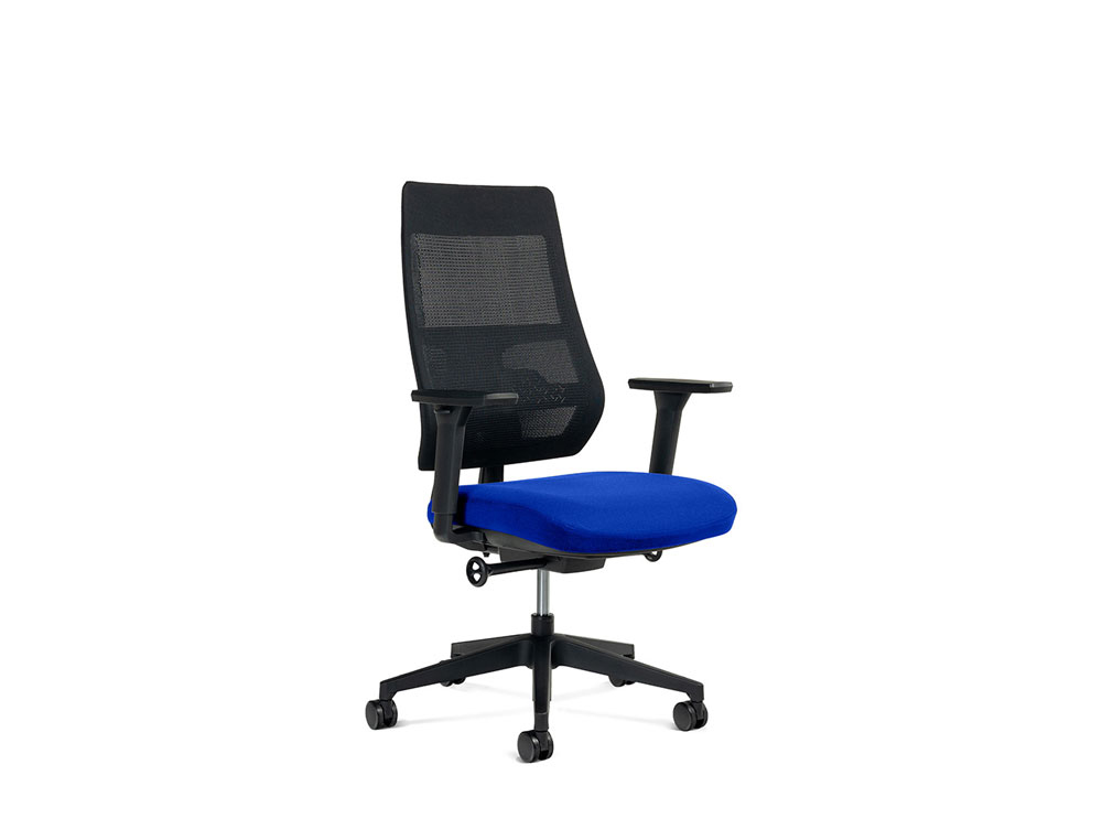 SILLA ROCADA DIRECCION CON BRAZOS REGULABLES BASE POLIMERO RESPALDO DE MALLA Y ASIENTO EN TELA AZUL