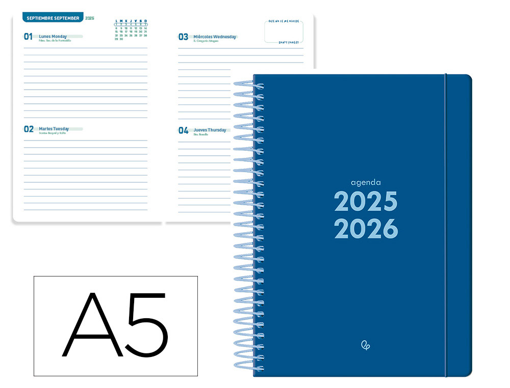 AGENDA ESCOLAR LIDERPAPEL 25-26 ESPIRAL BASIC AZUL OSCURO 2 DIAS PAGINA A5 BILINGE PAPEL FSC 70 GR