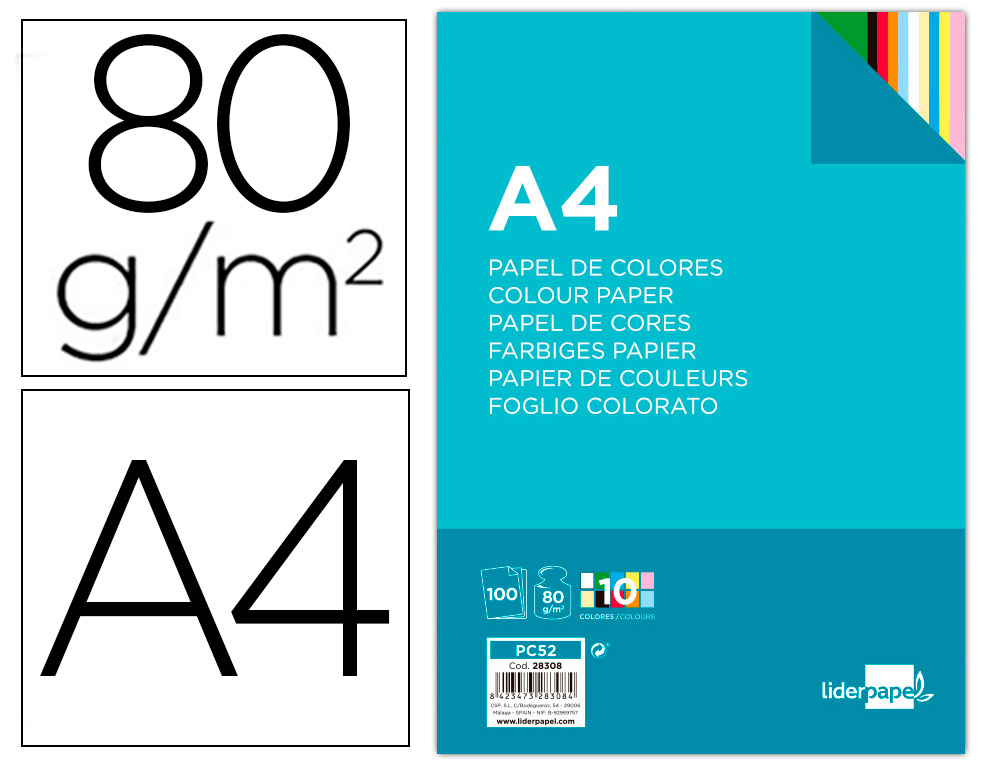 PAPEL COLOR LIDERPAPEL A4 80G/M2 10 COLORES SURTIDOS PAQUETE DE 100 HOJAS