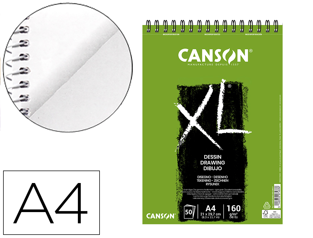 BLOC DIBUJO CANSON XL DESSIN DIN A4 LISO MICROPERFORADO ESPIRAL 21X29,7 CM 50 HOJAS 160 GR