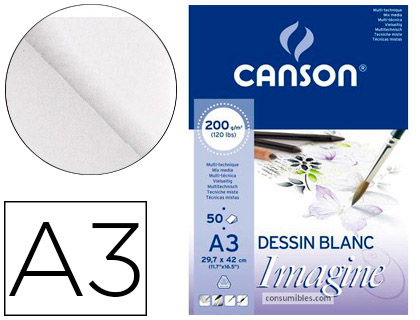 BLOC DIBUJO MULTITECNICAS CANSON IMAGINE DIN A3 ENCOLADO LISO 29,7X42 CM 50 HOJAS 200 GR