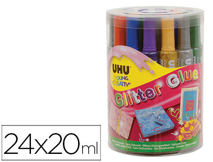 PURPURINA PEGAMENTO UHU GLITTER GLUE MIX BOTE 24 UNIDADES COLORES SURTIDOS 20 ML