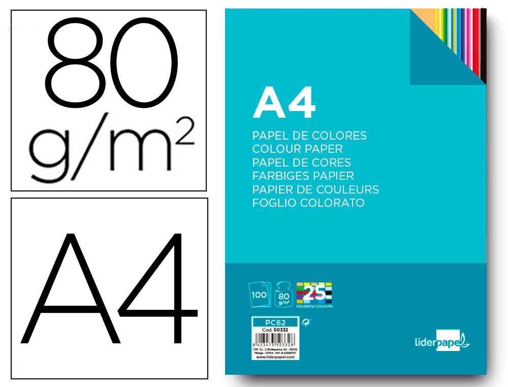 PAPEL COLOR LIDERPAPEL A4 80G/M2 25 COLORES SURTIDOS PAQUETE DE 100 HOJAS